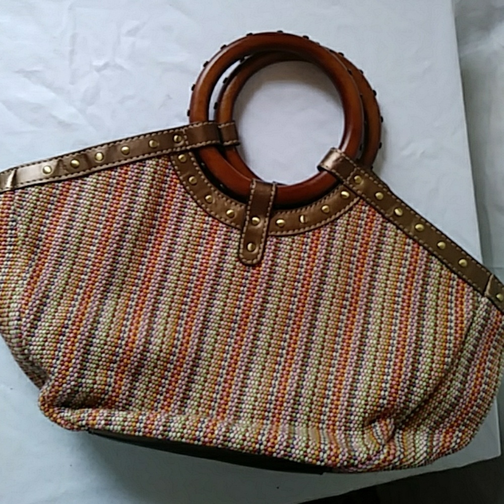 Fossil fabric bag w wood handles-14 x 8 1/2 x 3